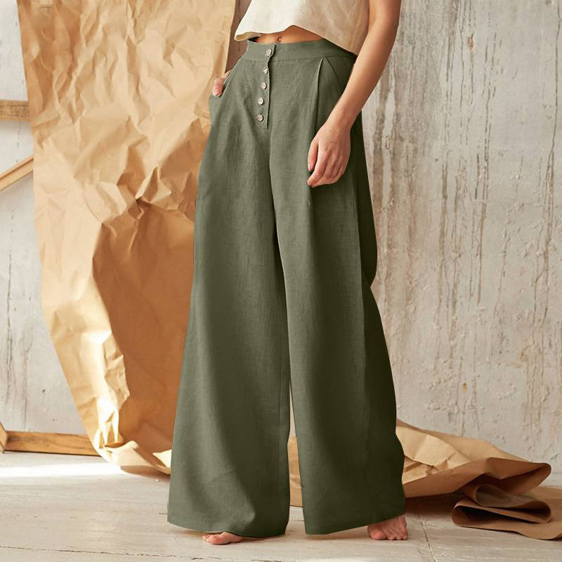Pantaloni a gamba larga in cotone e lino con bottoni casual a vita alta tinta unita da donna_voghion.com