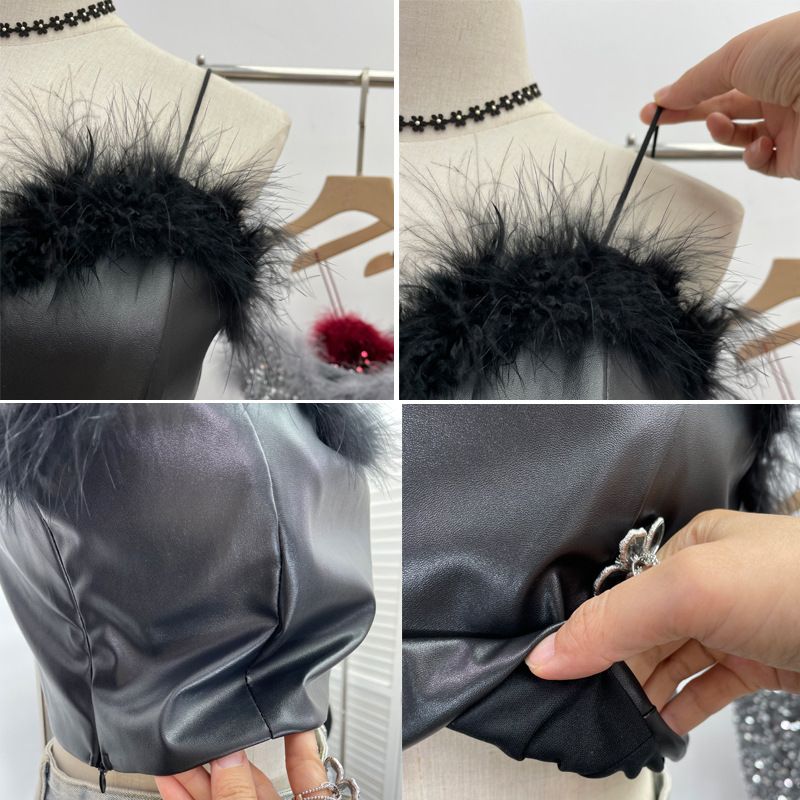 Completo due pezzi con canotta in pelliccia e paillettes + maglietta a maniche lunghe con collo alto e mezza maglia in prospettiva_voghion.com