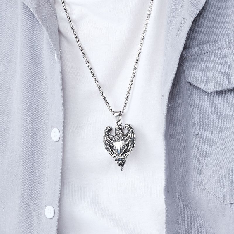 Collier en acier inoxydable avec pendentif en forme d'aigle à tête blanche de style rétro, marque militaire en acier inoxydable avec pendentif en forme d'aigle à double aile_voghion.com
