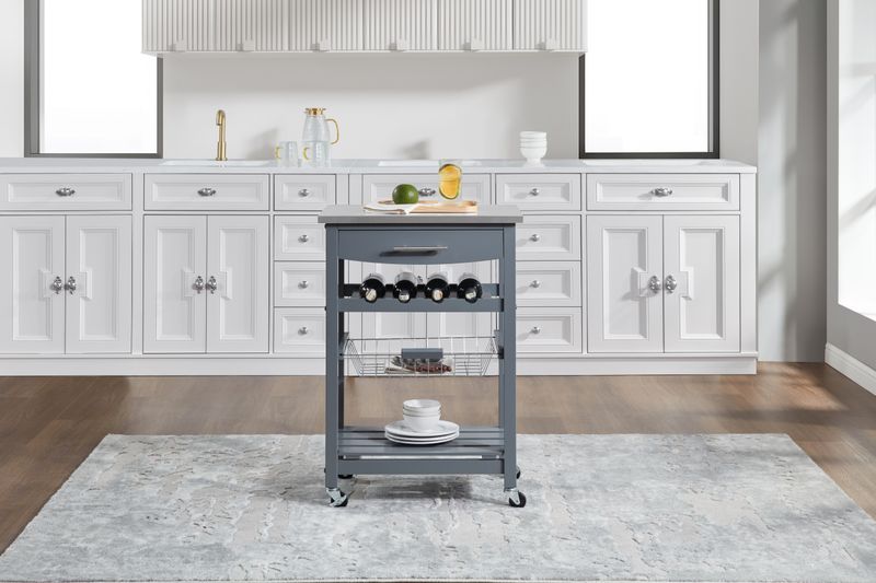 Mobile Rolling Kitchen Island Trolley Serving Cart With Underneath Drawer & Slide-Out Wire Storage Basket_voghion.com