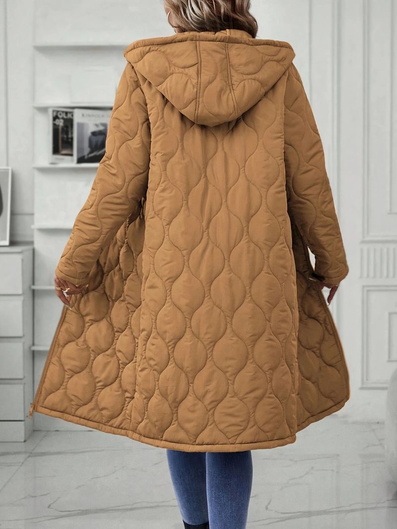 Giacca casual lunga da donna con cappuccio, imbottitura in cotone e poliestere, vestibilità ampia, cerniera frontale, tasche multiple - Nero, Cachi, Verde militare (S-XXL)_voghion.com