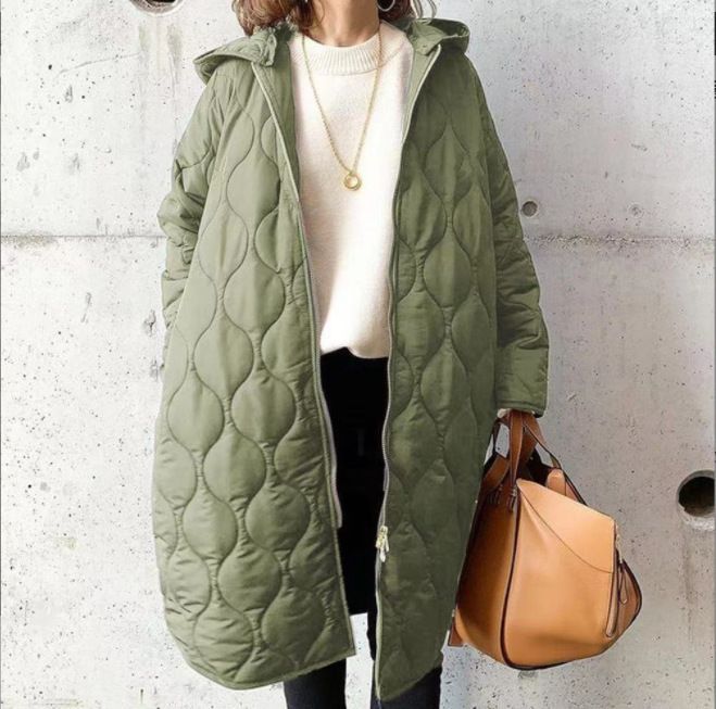 Gesteppte Pufferjacke mit abnehmbarer Kapuze für Damen, Streetwear-Langarmmantel im Rautenstich-Design (Schwarz, Marineblau, Armeegrün)_voghion.com