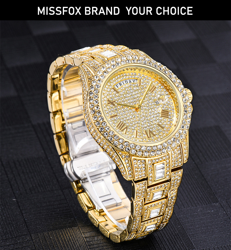 MISSFOX Dual Calendar New Full Diamond Luxury Men's Quartz Gentlemen's Watch Gold Fashion_voghion.com
