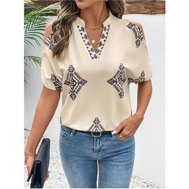 Abbigliamento da donna transfrontaliero SheInTemu Camicia a maniche corte casual e comoda popolare Casual Versatile Moda Casual Scollo a V Stampa_voghion.com