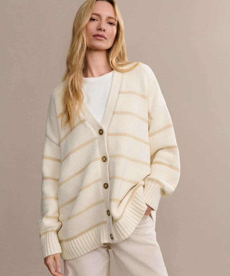 Cardigan da donna in maglia a righe, scollo a V, misto cotone, vestibilità ampia, manica lunga, casual, aperto sul davanti_voghion.com