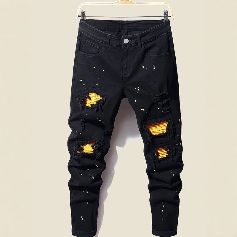 Pánské slim fit kalhoty s inkoustovým vzorem a patchworkovým vzorem, sladěné barvy, nové pánské džíny Paint_voghion.com