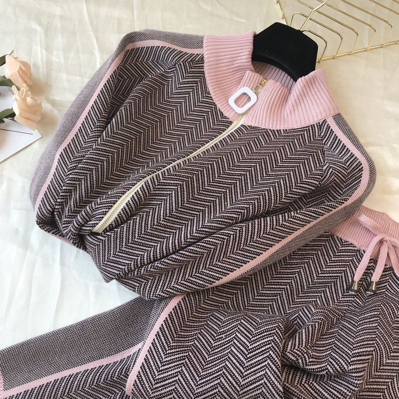 Dammemodesch Stand-up Kraang Reißverschluss Stricktop Hosen zwee Sets_voghion.com
