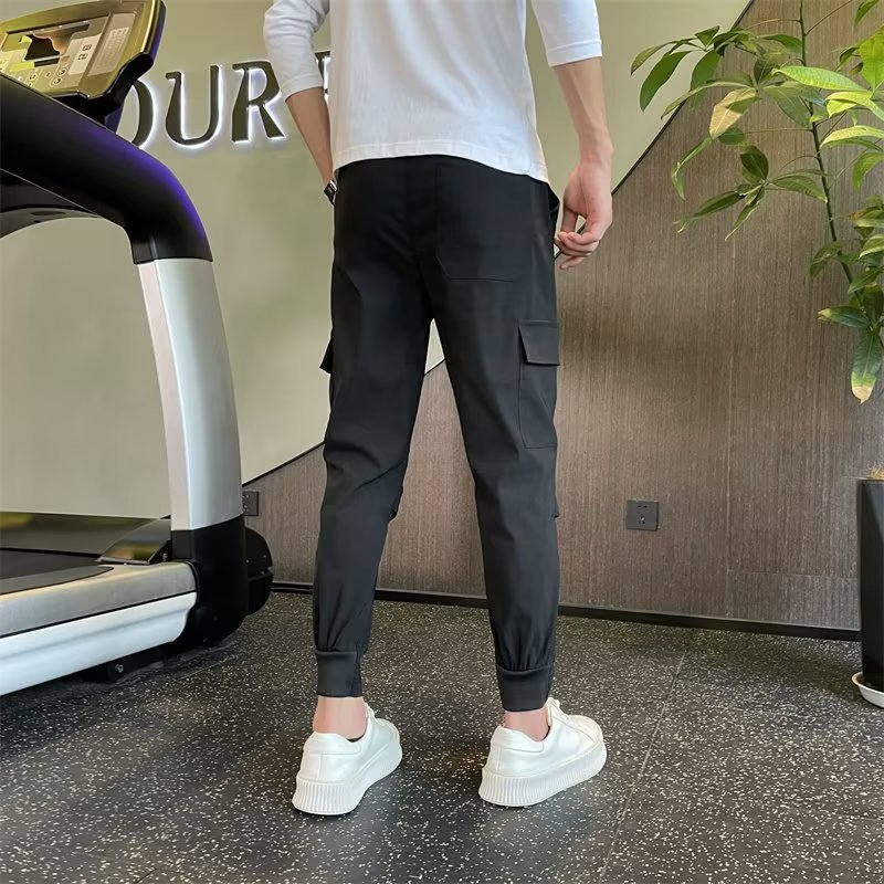 Workwear men's summer thin drawstring lace up elastic leggings cropped pants -- printable Tiktok face sheet_voghion.com