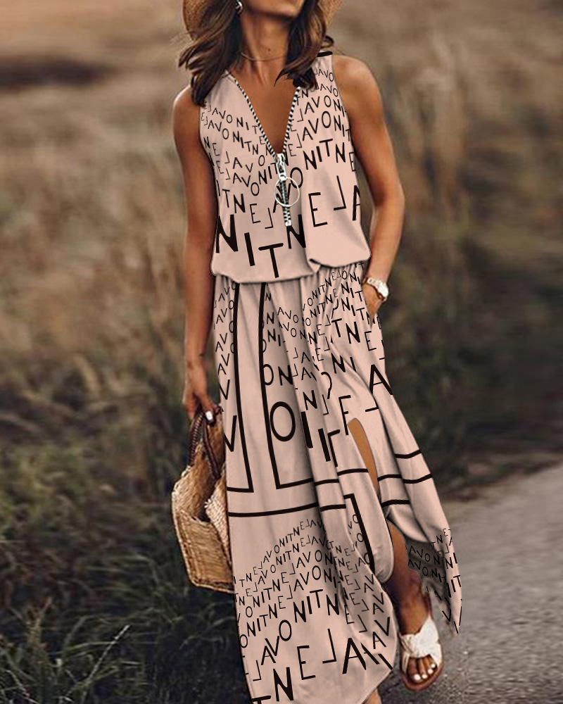 Trendy Sleeveless Zip-Front Letter Print Maxi Dress – High-Low Hem & V-Neck Casual Dress (Black/Red/Khaki/Print-Grey/Print-White/Print-Khaki, S-5XL)"_voghion.com