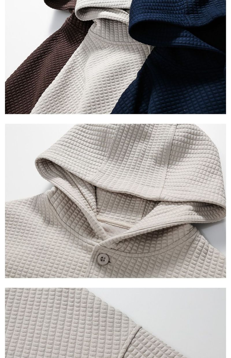 Felpa con cappuccio e motivo waffle marrone da uomo in stile cardigan con cappuccio_voghion.com