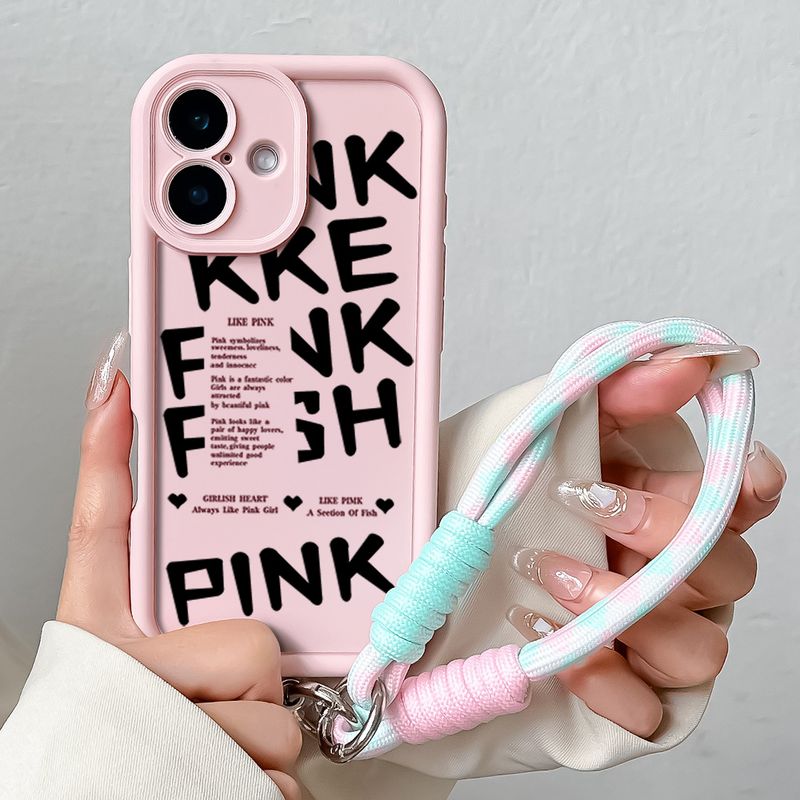 Wrist Chain Lanyard Case For iPhone 16 Pro Max Cases iPhone 16 Plus English Words Soft Silicone Shockproof Hang Strap Cover_voghion.com