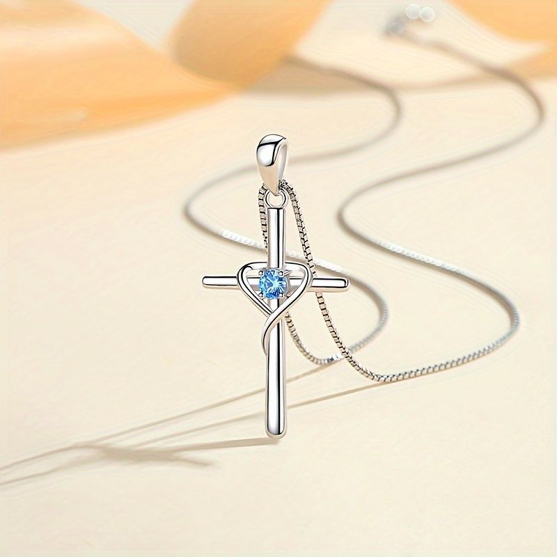 Collana con ciondolo a forma di croce a forma di cuore, in zircone, da donna, in acciaio inossidabile, con catena a scatola, in argento Sterling_voghion.com