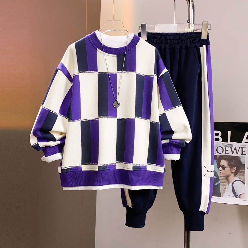 Conjunto deportivo de dos piezas para niño, suéter holgado de manga larga con diseño occidental engrosado, para primavera y otoño, 2023_voghion.com