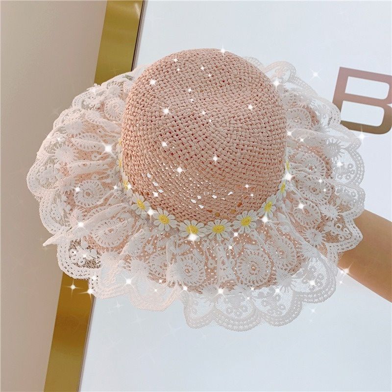 Chapeau de paille de plage pour enfants, mode, été, princesse, dentelle, protection solaire_voghion.com