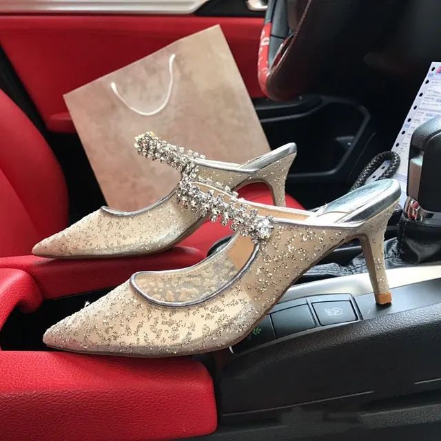 Pantoletten mit Strasssteinen und spitzer Spitze für Damen, flache Outdoor-Pantoletten, High Heels mit offener Rückseite_voghion.com