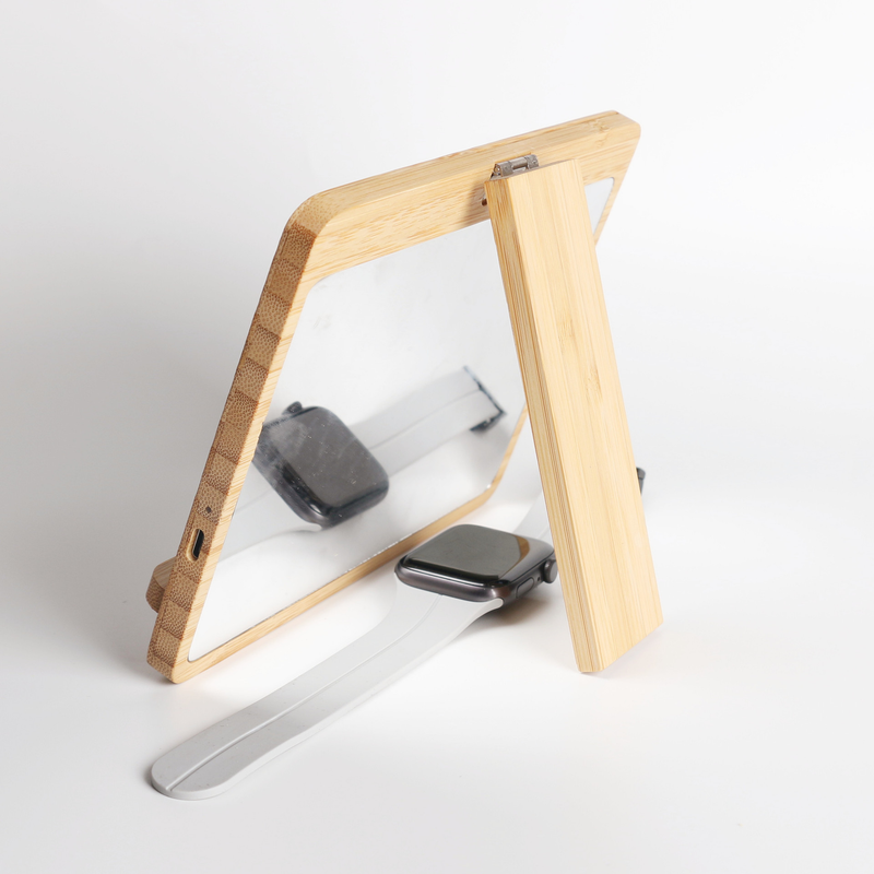 Bamboo wood wireless charger desktop photo frame calendar mirror multi-functional bracket mobile phone wireless charging gift logo_voghion.com