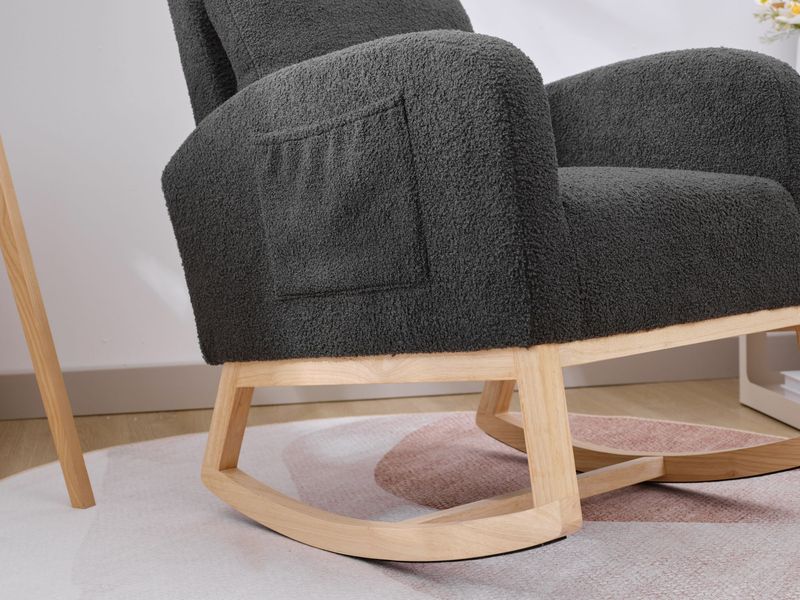 Modern Accent Rocking Chair Rocking Chair With Solid Wood Legs, Upholstered Nursery Glider Rocker, Comfy Armchair With Side Pocket, Living Room Lounge Arm Chair With High Backrest (Dark Grey,teddy)_voghion.com