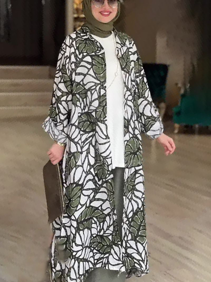 Damenbekleidung Sommermode Print Neues langärmeliges lockeres kragenloses Strickjackenkleid_voghion.com