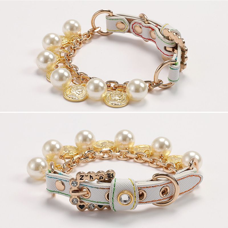 Unisex Pearl Collar Pet Soft Clay Ball Wire Rope Leash Cat and Dog Collar Pet Supplies_voghion.com