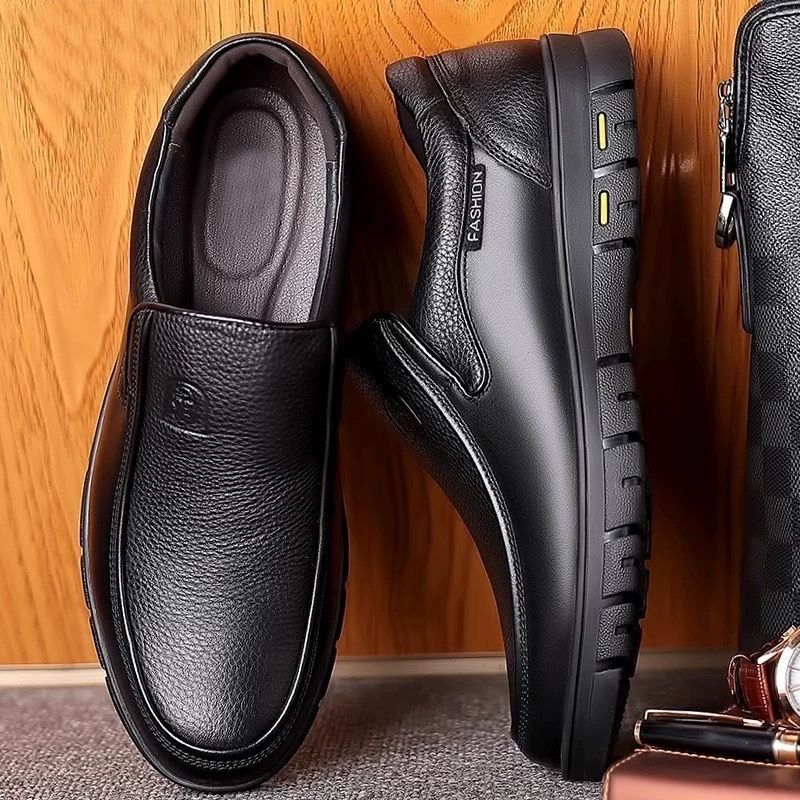 Herrenschuhe aus echtem Leder für Business, formelle Freizeitkleidung für Väter mittleren Alters und ältere Väter, Slip-On-Schuhe mit atmungsaktiver, weicher Sohle_voghion.com