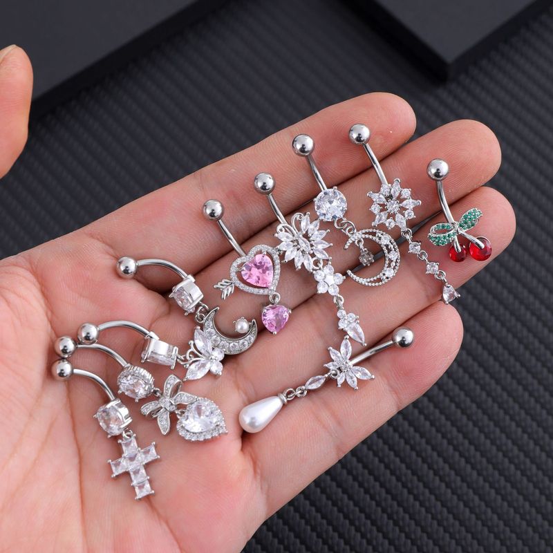 Anello per ombelico in zircone con perla di ciliegia, da donna, a forma di freccia a forma di luna nel cuore, in acciaio inossidabile_voghion.com