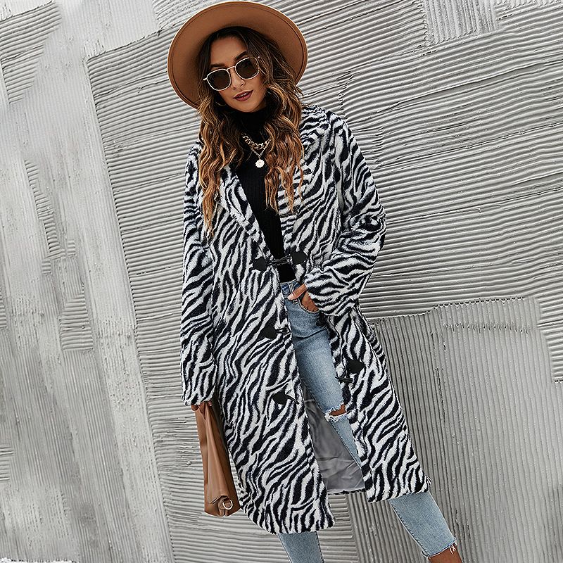 Ins Internet Celebrity Herbst Winter Pelzigen Zebra Muster Kaninchen Pelz Drehen-unten Kragen Langen Mantel Für Frauen_voghion.com
