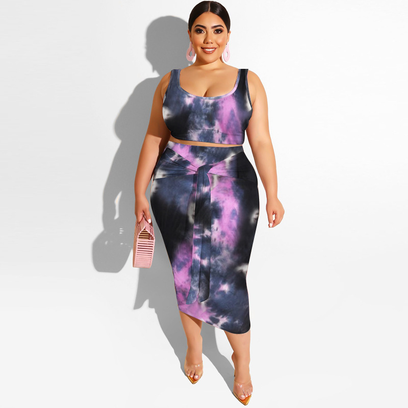 20778 Zomer nieuwe tie-dye print strakke wrap hippe mode casual set dames plus size tweedelige set_voghion.com