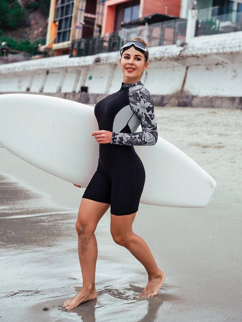 Traje de baño deportivo de competición, ajustado, con cremallera y manga larga, estampado, estilo europeo y americano, para mujer._voghion.com