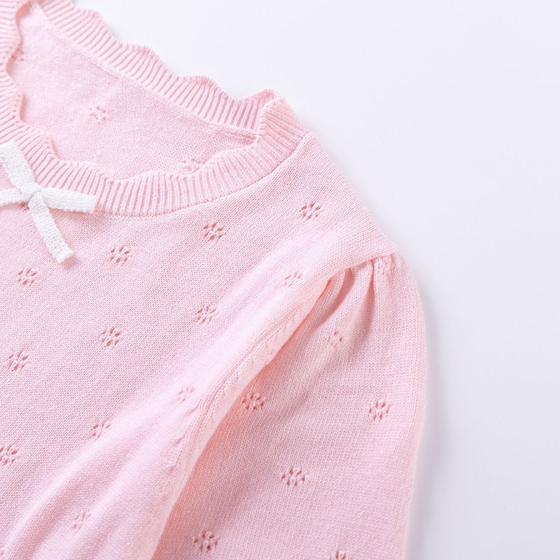 Maglietta estiva a maniche corte sottile e traspirante con scollo rotondo e fiocco traforato per bambini, modello A, all'ingrosso_voghion.com