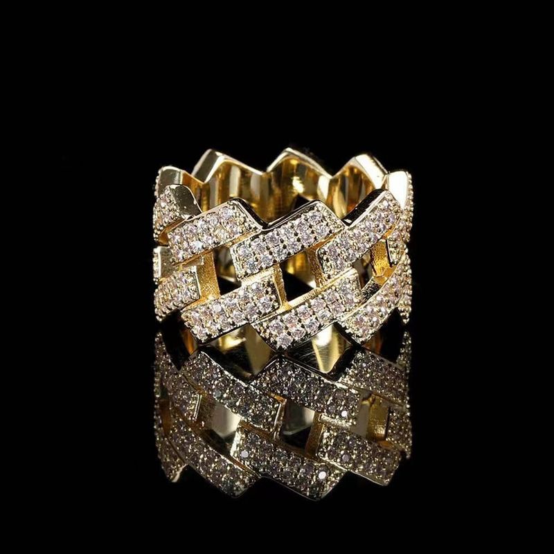 Hip Hop Copper Inlaid Zircon Cuban Chain Men's Niche Design Heavy Craft Geometric Cool Ring_voghion.com