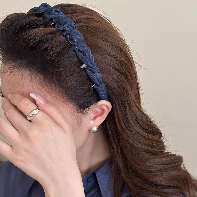 Fascia per capelli in denim plissettato in stile coreano per donna, top con teschio alto, da indossare tutti i giorni, per lavare il viso, stile di alta qualità, versatile per l'estate_voghion.com