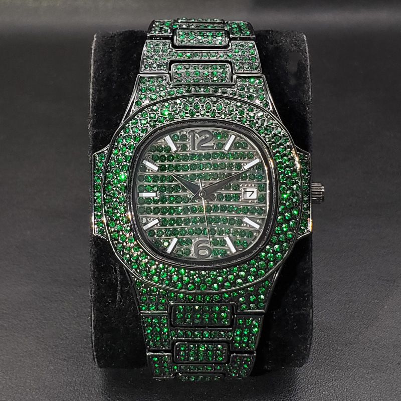 Modische quadratische Uhr für Herren und Damen mit bunten Diamanten, wasserdicht, Quarzwerk, Kalenderfunktion, Schmetterlingsschließe aus Edelstahl_voghion.com