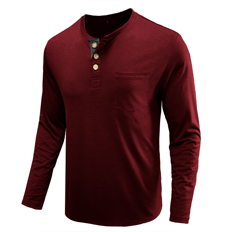 Henley-T-Shirts für Herren mit Knopfleiste, langen Ärmeln und Tasche, entspannte Passform, 100 % schwere Baumwolle_voghion.com