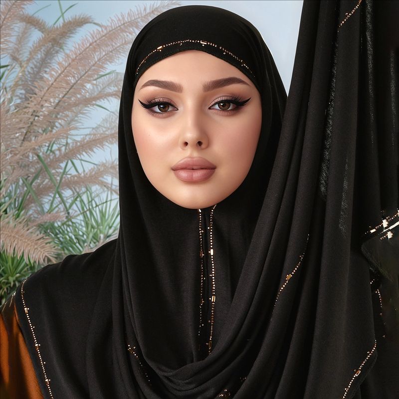Wide Striped Rhinestone Women's Chiffon Long Scarf Versatile Solid Color Muslim Shawl Fashionable Elegant Headscarf_voghion.com