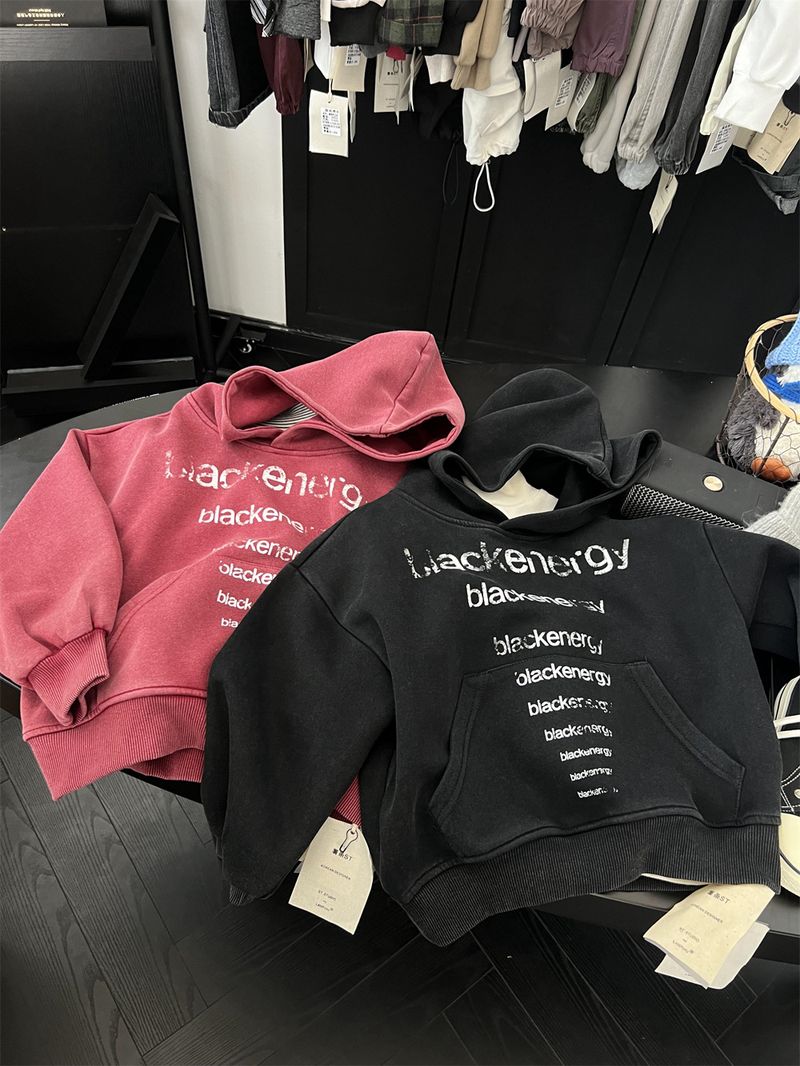 Boys And Girls American Vintage Letter Hooded Sweatshirt, Children's Trendy Cool Autumn Style Sand Washed White Pullover_voghion.com