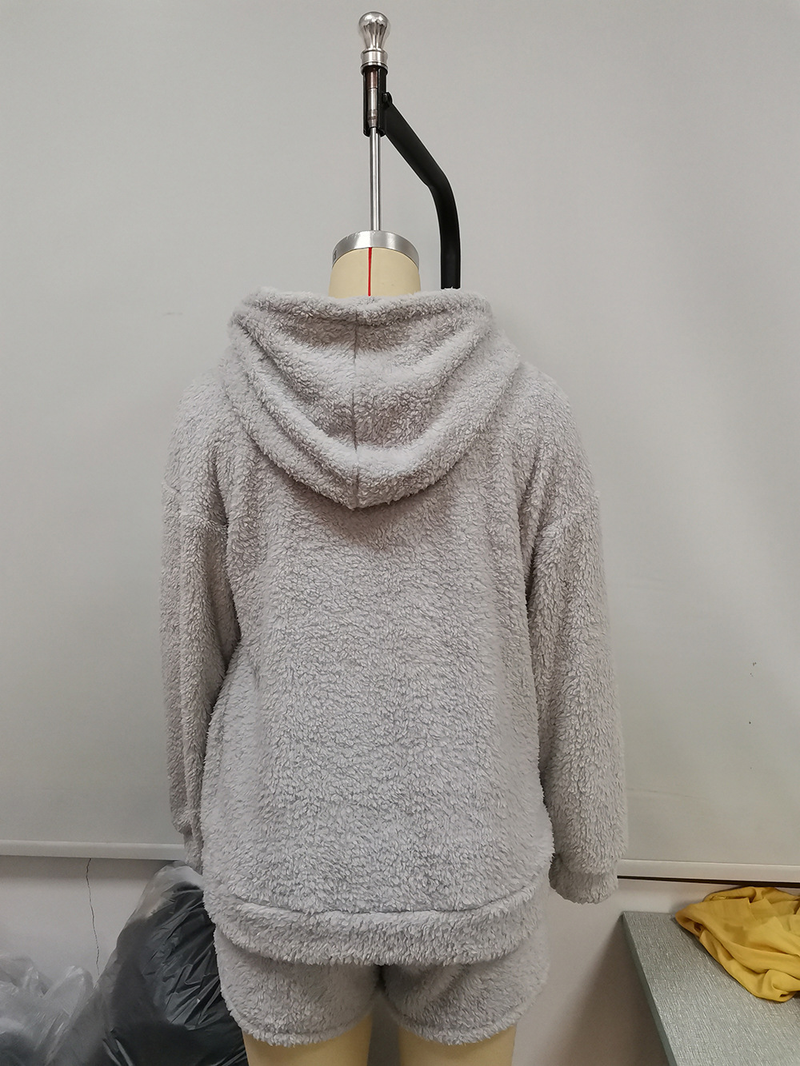 Pelziges Kapuzen-Sweatshirt-Set, lässige Heimkleidung, doppelseitiges Plüsch-Zweiteiler-Set für Damen_voghion.com