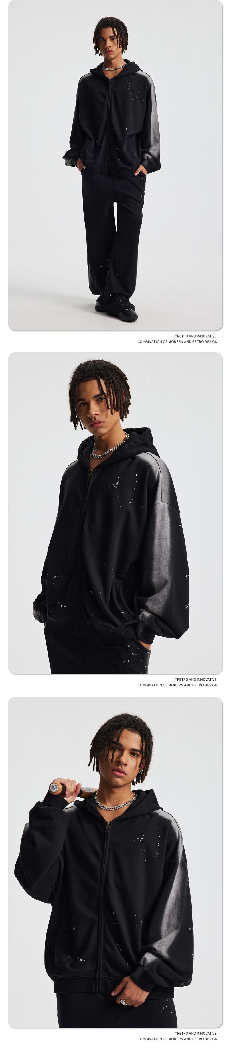 ARTIE Men's Clothing|2025 Autumn Winter New Set Personality Spray Paint Graffiti Washed Vintage Zipper Sweatshirt And_voghion.com