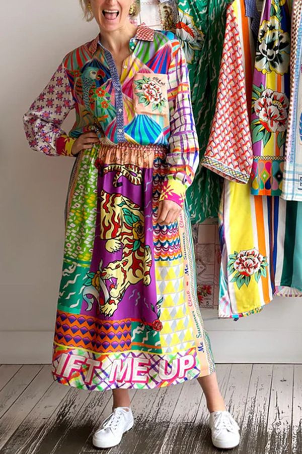 Vêtements pour femmes nouvelle personnalité graffiti décontracté ensemble deux pièces chemise à manches longues en satin imprimé + jupe_voghion.com