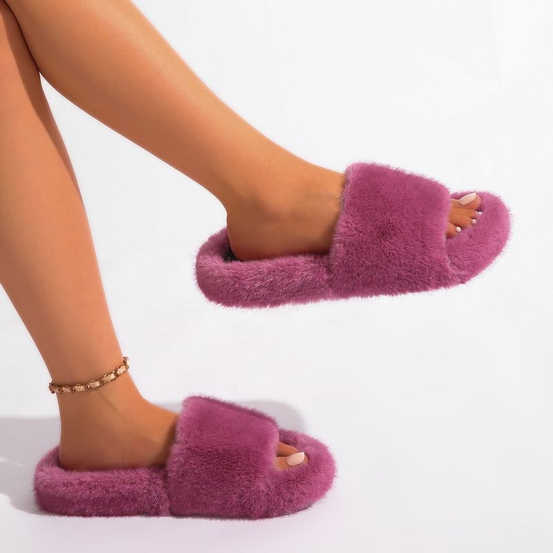 Y2K Punk Style Faux Fur Slippers - Cozy PVC Indoor Slides For Women & Men, Soft Plush Home Shoes, Trendy Gothic Fashion Footwear_voghion.com