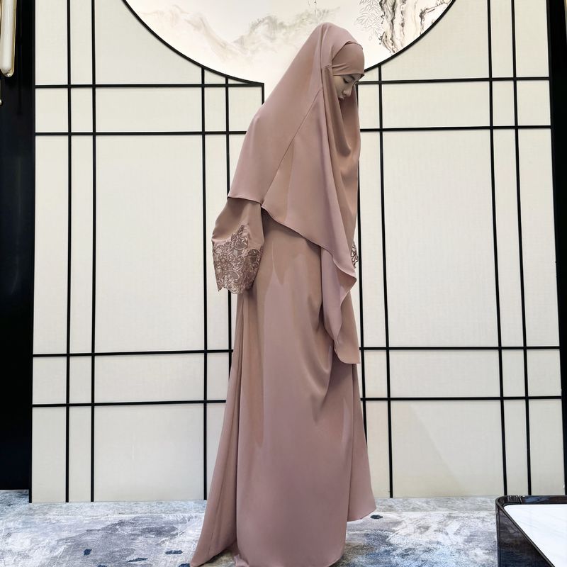 Damkläder Mellanöstern 2-delad dubbelärmad broderad morgonrock enfärgad klänning Damkläder W 066 Spets muslimsk_voghion.com