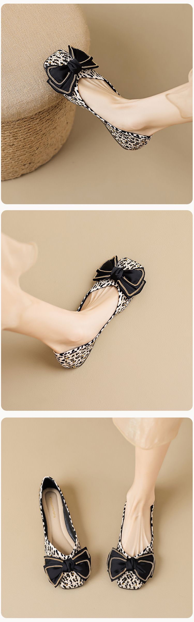 Sapatos femininos Square Head Single Bow Flat One Pedal Thousand Bird Grid Sola macia Boca rasa Doudou Shoes_voghion.com