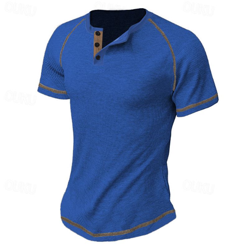 Large round neck buckle men's summer solid oversized waffle casual Henry T_voghion.com