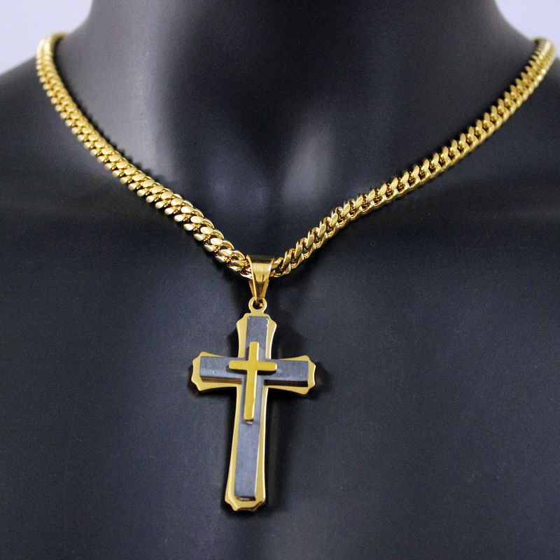 Collana con ciondolo a croce a tre strati in acciaio inossidabile al titanio e catena cubana_voghion.com