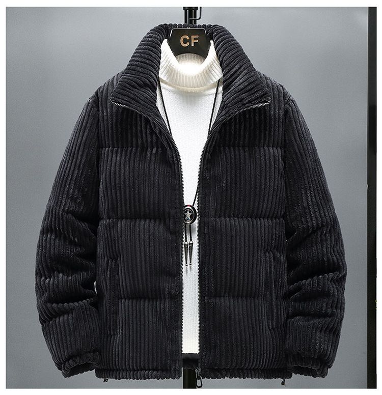 Piumino in velluto a coste da uomo - Cappotto invernale ampio e spesso con collo alto, stile streetwear retrò (M-5XL, cachi/nero/grigio scuro)_voghion.com