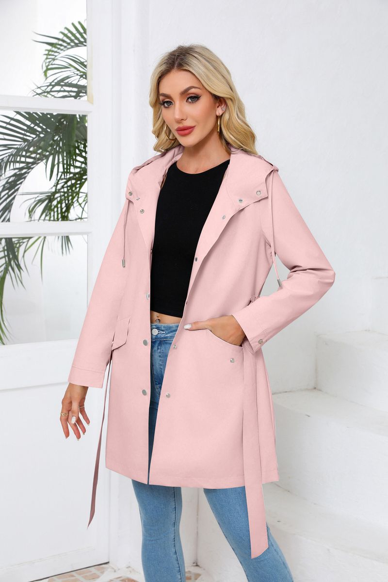 Trench-coat léger à capuche et ceinture pour femme, coupe-vent ample et décontracté (noir, rose, gris clair, beige, bleu marine)_voghion.com