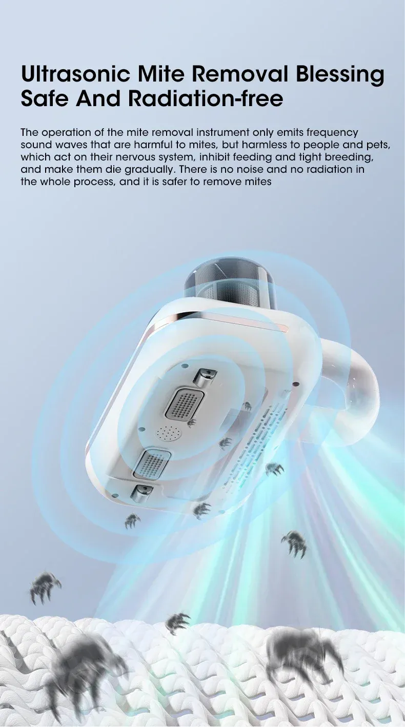 Aspiradora de ácaros de cama de 10 kPa, 5 en 1, inalámbrica, con luz UV-C, tecnología ultrasónica, succión potente, bajo nivel de ruido, para polvo, pelo de mascotas._voghion.com