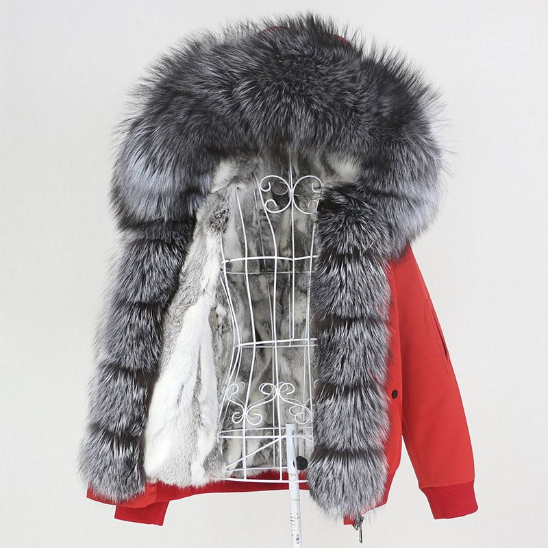 Damenbekleidung Parka im neuen Stil mit dickem Kaninchenfellfutter, abnehmbarem Kragen aus echtem Fuchspelz, Jacke, Pelzmantel für Damen_voghion.com