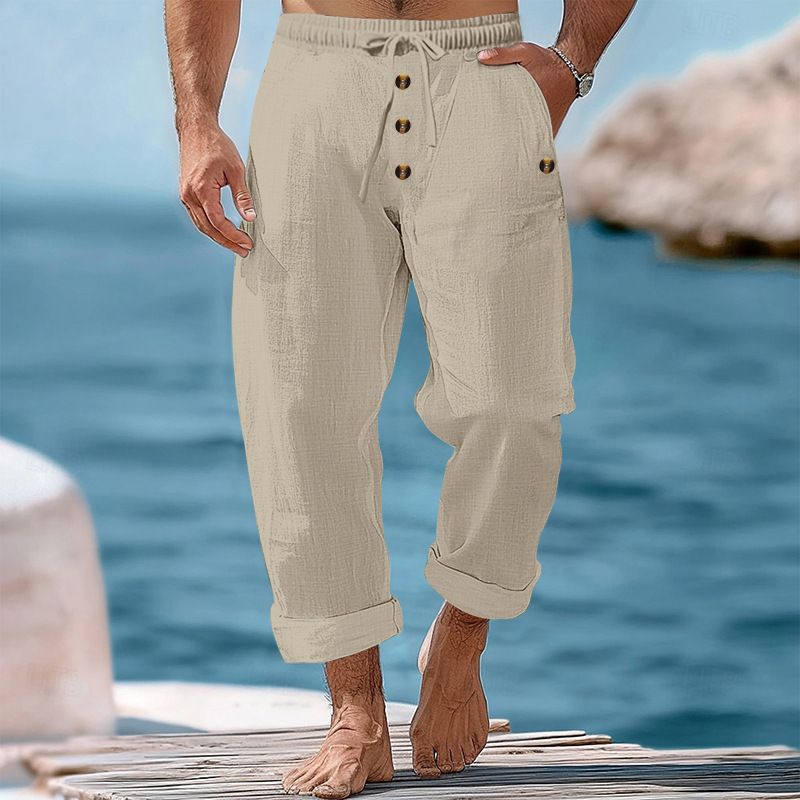Pantaloni da spiaggia primaverili e autunnali da uomo, in cotone e lino, tinta unita, larghi, con coulisse e bottoni, casual, da uomo_voghion.com