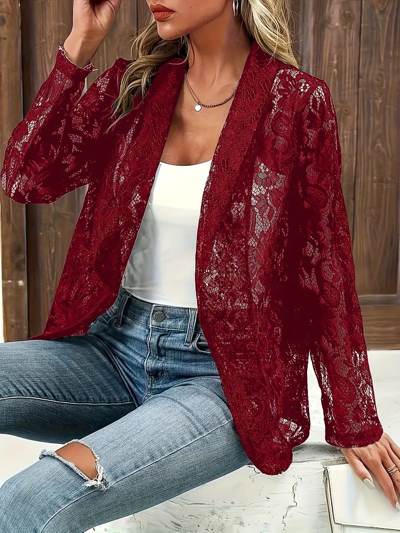 Women's Clothing Floral Lace Elegant Lapel Long Sleeve Suit Jacket_voghion.com