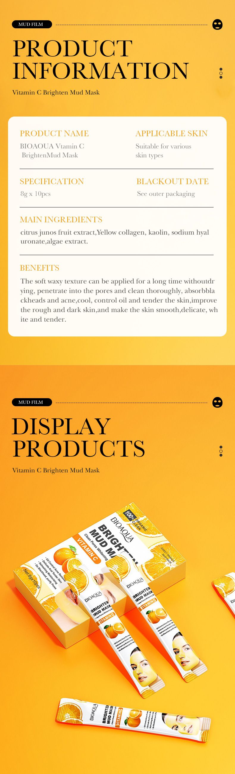 BIOAOUA Masque de boue éclaircissant à la vitamine C 8 g x 10 pièces Masque nettoyant en profondeur pour le contrôle du sébum Masque éclaircissant pour le teint_voghion.com